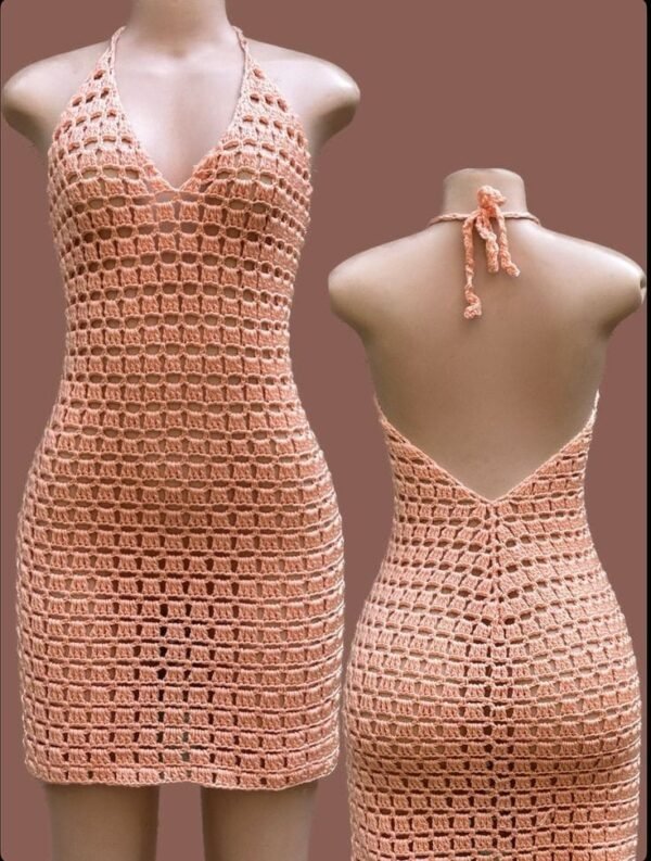 Peach Crochet Halter Mini Dress