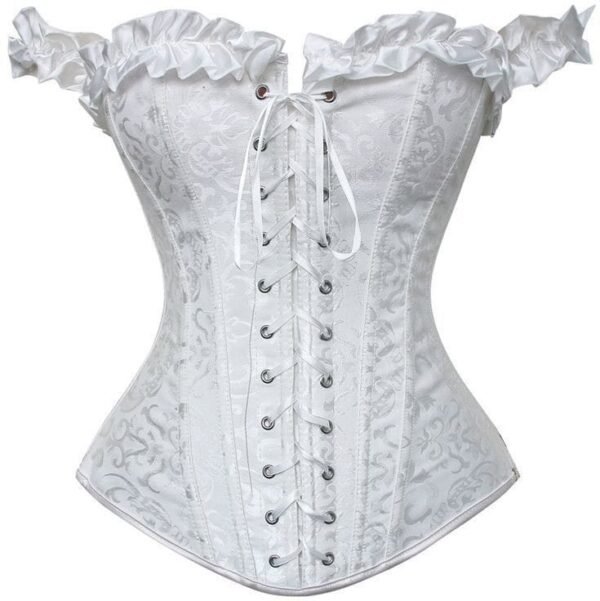 White Satin Brocade Corset with Ruffle Sleeves and Lace-Up Front