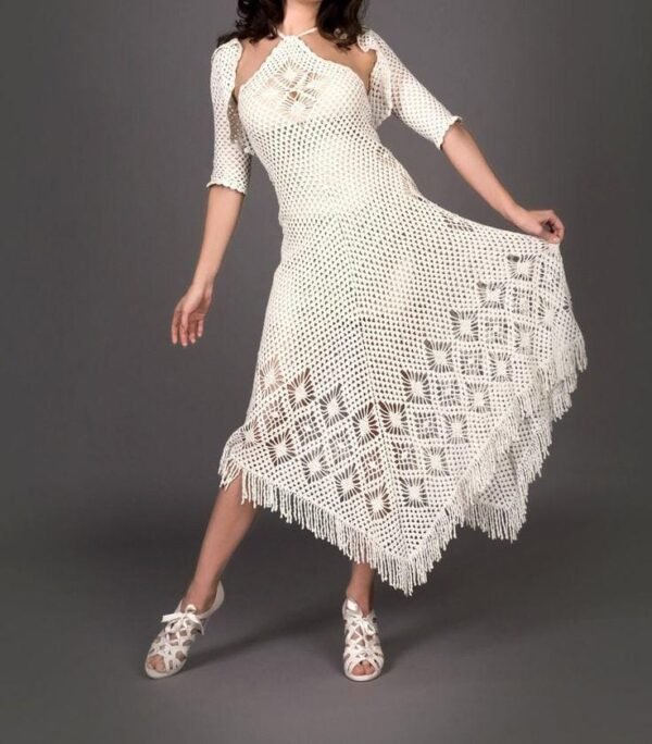 Boho Muse – Handcrafted Crochet Midi Dress with Fringe Hem