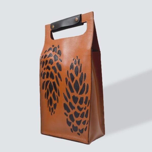 Tan and Black Leather Wine Bottle Holder – Handcrafted Patchwork Design, Unique Gift Idea