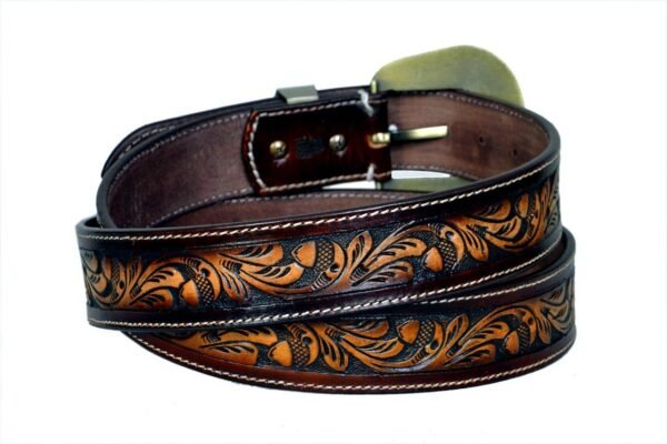 Platinum Floral Tooled Belt for Men – Premium Full Grain Leather, Western Style