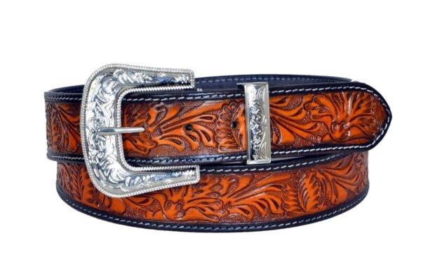 Tooled Leather Belt for Men – Full Grain Western Style with Platinum Floral Design
