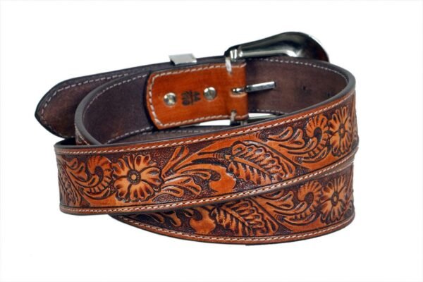 Platinum Floral Tooled Leather Belt for Men – 1.5" Wide Full Grain Western Style