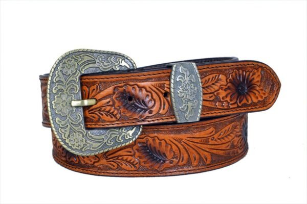 Men’s Western Belt – Full Grain Tooled Leather, 1.5" Wide, Platinum Floral Design